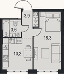 Планировка: 1-к, 34 м²