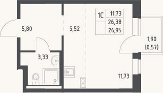 Планировка: Студия, 26,4 м²