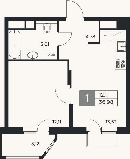 Планировка: 1-к, 35,4 м²