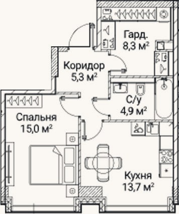Планировка: 1-к, 47,2 м²