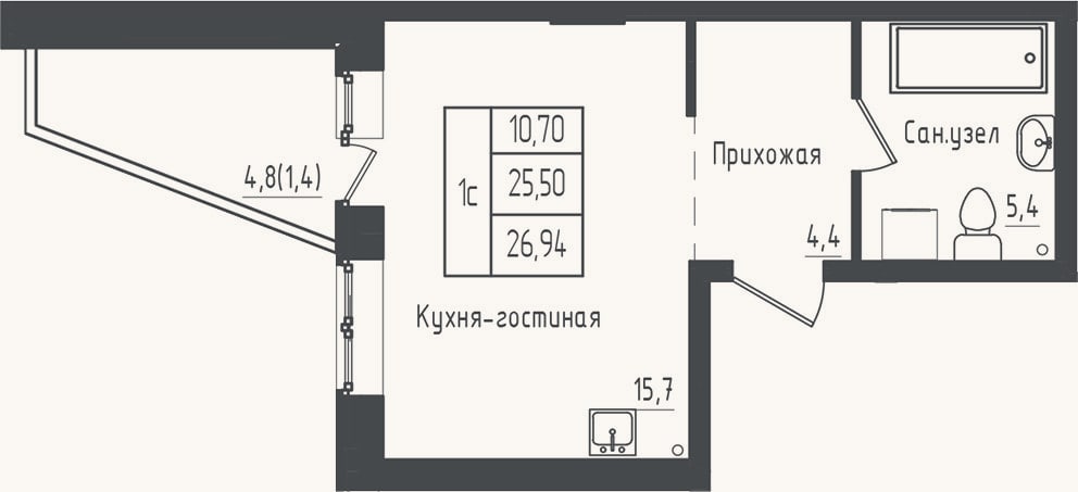 Планировка: Студия, 25,5 м²