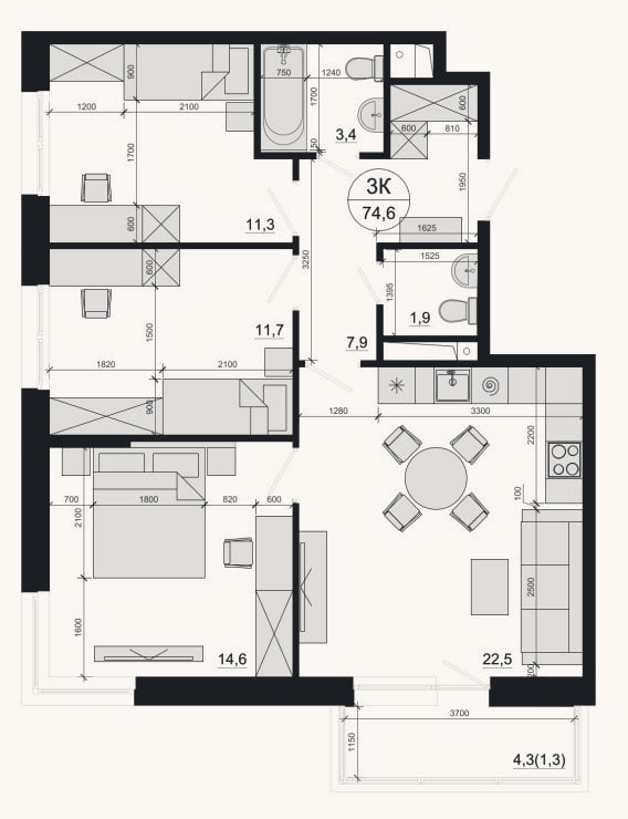 Планировка: 3-к, 73,3 м²