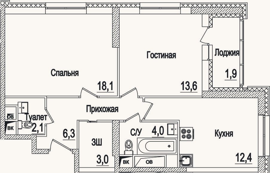 Планировка: 2-к, 59,5 м²