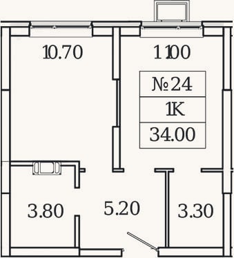 Планировка: 1-к, 34 м²