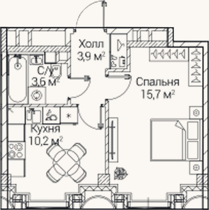Планировка: 1-к, 33,3 м²
