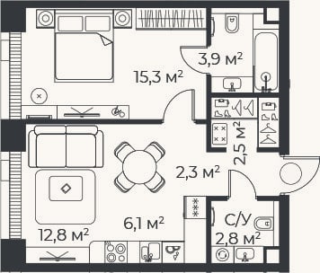Планировка: 2-к, 45,8 м²