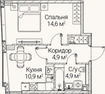 Планировка: 1-к, 37,2 м²