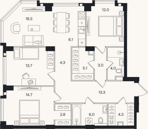 Планировка: 4+ к, 107,6 м²