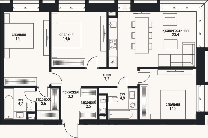 Планировка: 4+ к, 94,9 м²