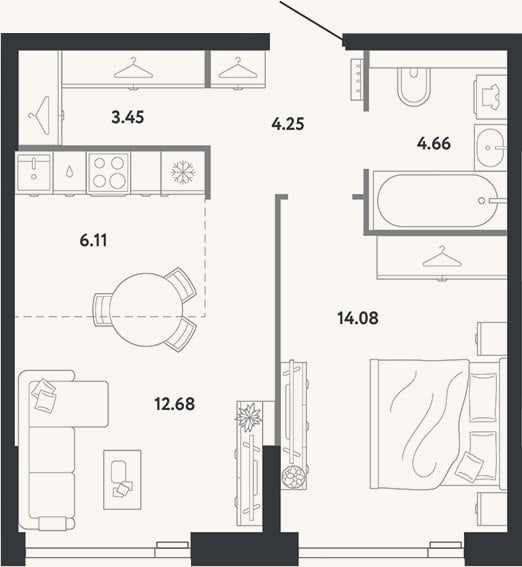 Планировка: 1-к, 45,2 м²