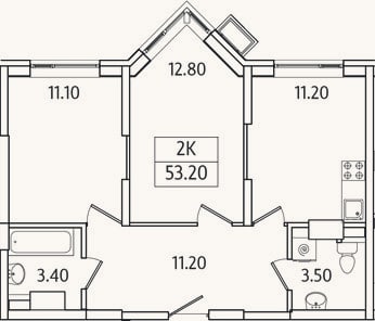 Планировка: 2-к, 53,2 м²