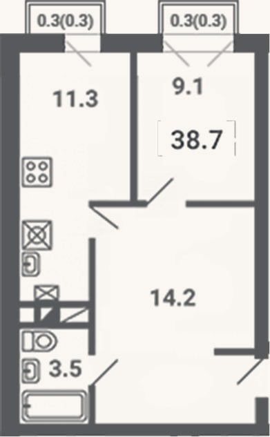 Планировка: 1-к, 38,1 м²