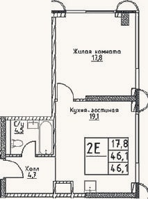 Планировка: 2-к, 46,1 м²