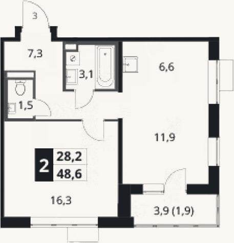 Планировка: 2-к, 46,7 м²