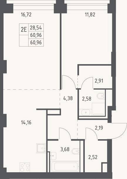 Планировка: 2-к, 61 м²