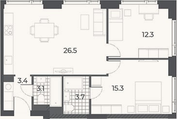 Планировка: 3-к, 64,3 м²