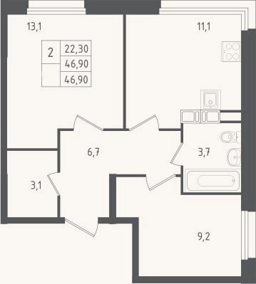 Планировка: 2-к, 46,9 м²