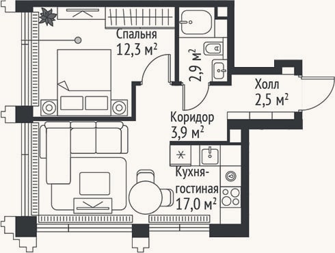 Планировка: 2-к, 38,6 м²