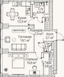 Планировка: 2-к, 62,4 м²
