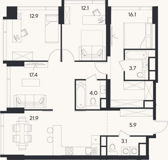 Планировка: 4+ к, 97,1 м²