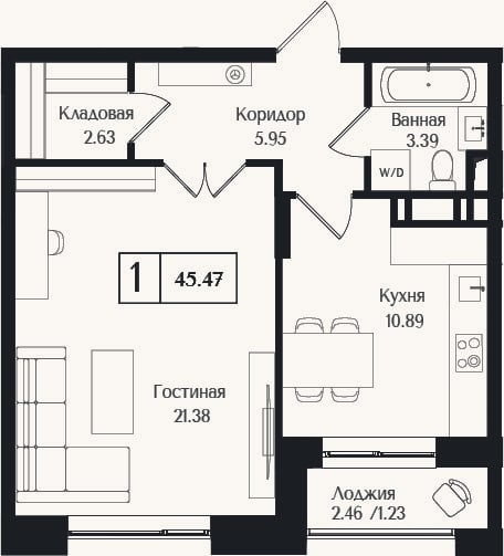 Планировка: 1-к, 44,2 м²