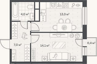 Планировка: 1-к, 38,1 м²