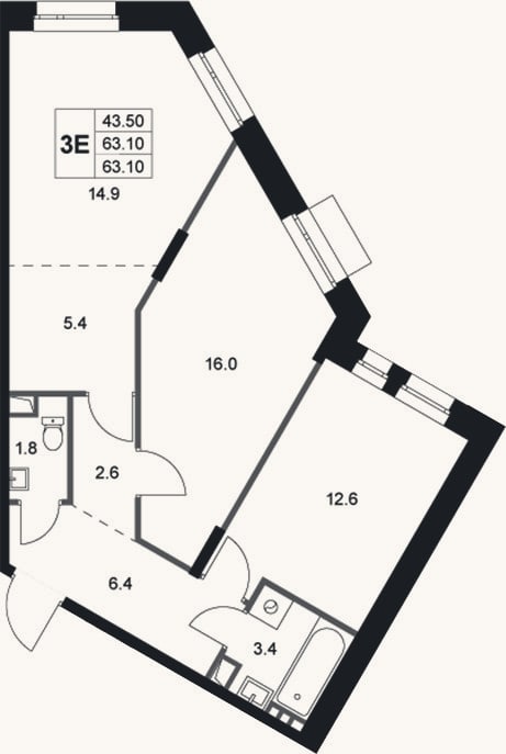 Планировка: 3-к, 63,1 м²