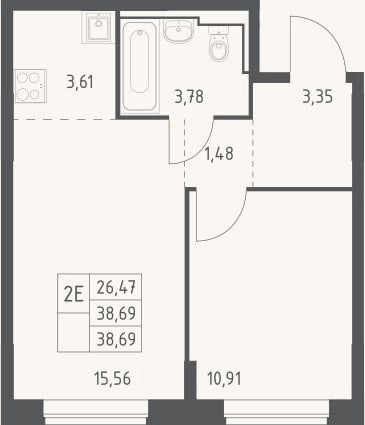 Планировка: 2-к, 38,7 м²