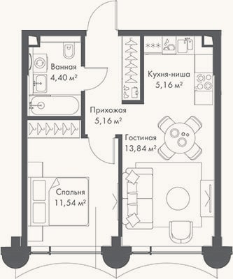 Планировка: 2-к, 40,1 м²