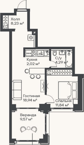 Планировка: 2-к, 45,3 м²