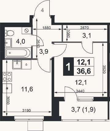 Планировка: 1-к, 34,7 м²