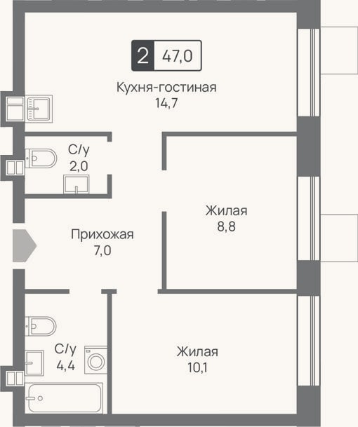 Планировка: 3-к, 47 м²