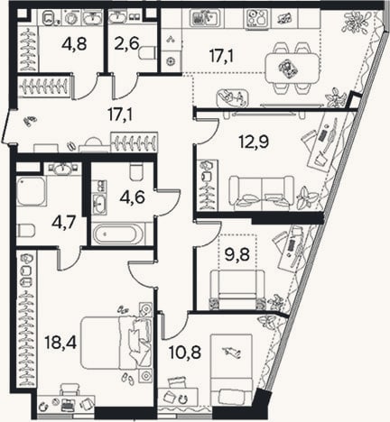 Планировка: 4+ к, 99 м²