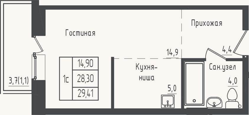 Планировка: Студия, 28,3 м²