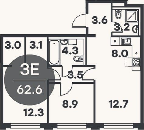 Планировка: 3-к, 62,6 м²