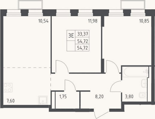Планировка: 3-к, 54,7 м²