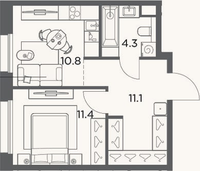 Планировка: 1-к, 37,6 м²