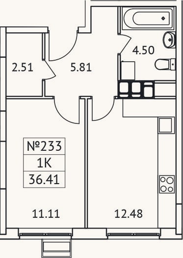 Планировка: 1-к, 36,4 м²
