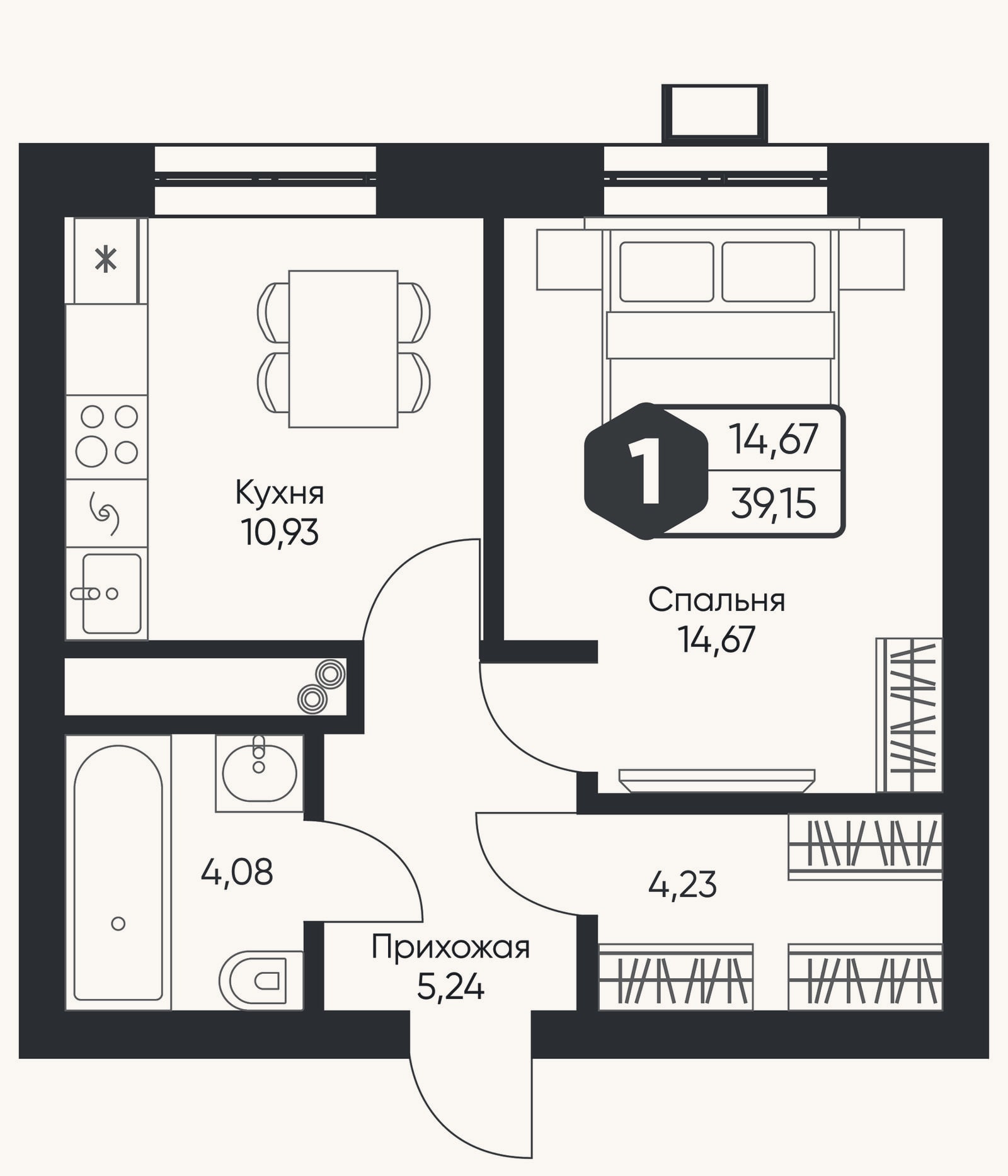 Планировка: 1-к, 39,2 м²