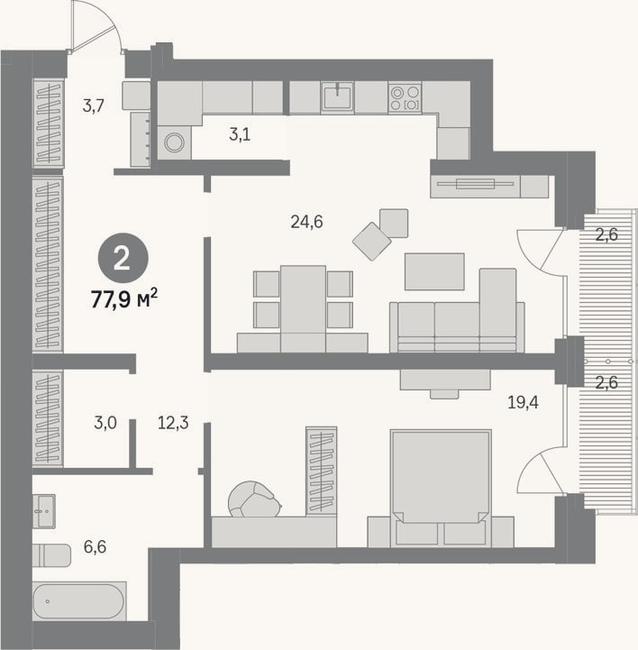Планировка: 2-к, 72,7 м²