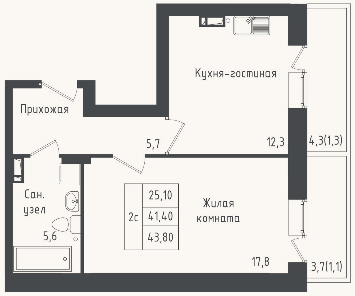 Планировка: 1-к, 41,4 м²
