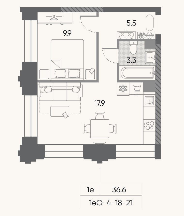 Планировка: 2-к, 36,6 м²