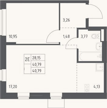 Планировка: 2-к, 40,8 м²