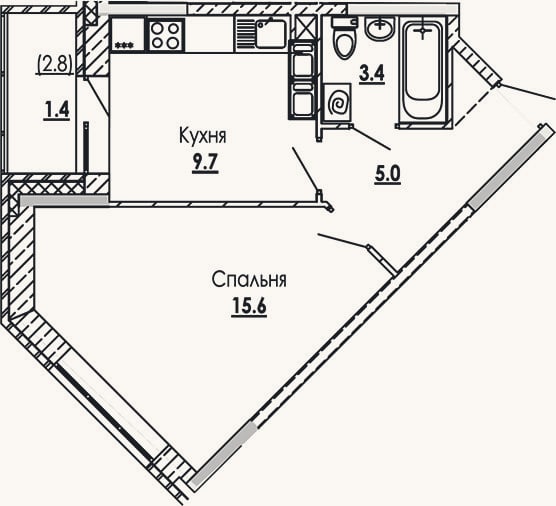Планировка: 1-к, 33,7 м²