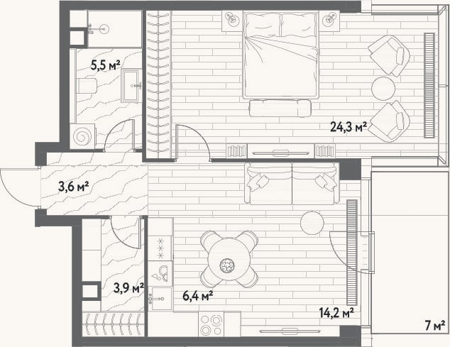 Планировка: 2-к, 57,9 м²