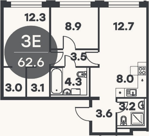 Планировка: 3-к, 62,6 м²
