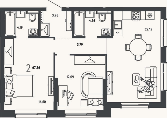 Планировка: 2-к, 67,4 м²