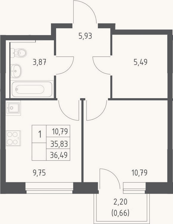 Планировка: 1-к, 35,8 м²