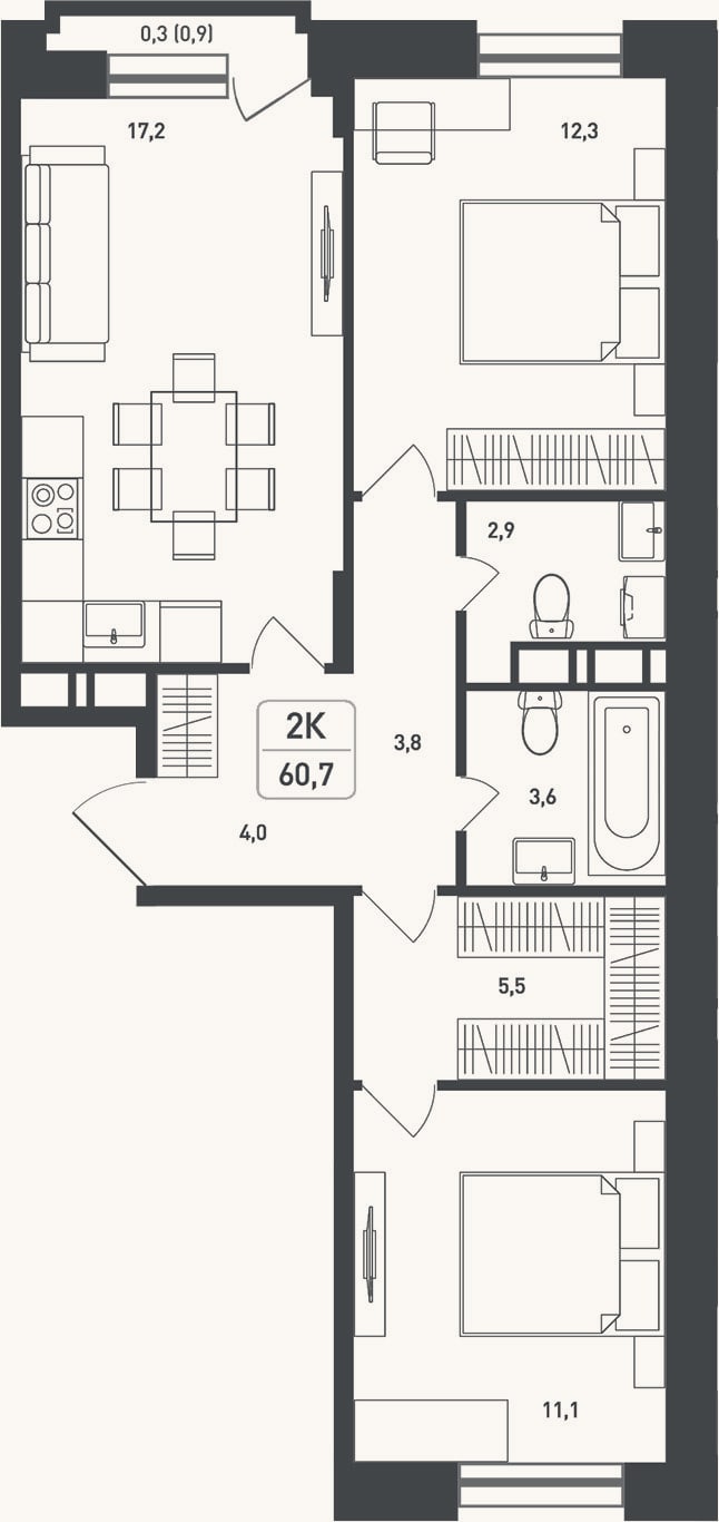 Планировка: 2-к, 62,2 м²