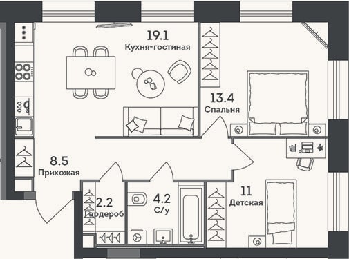 Планировка: 3-к, 58,4 м²